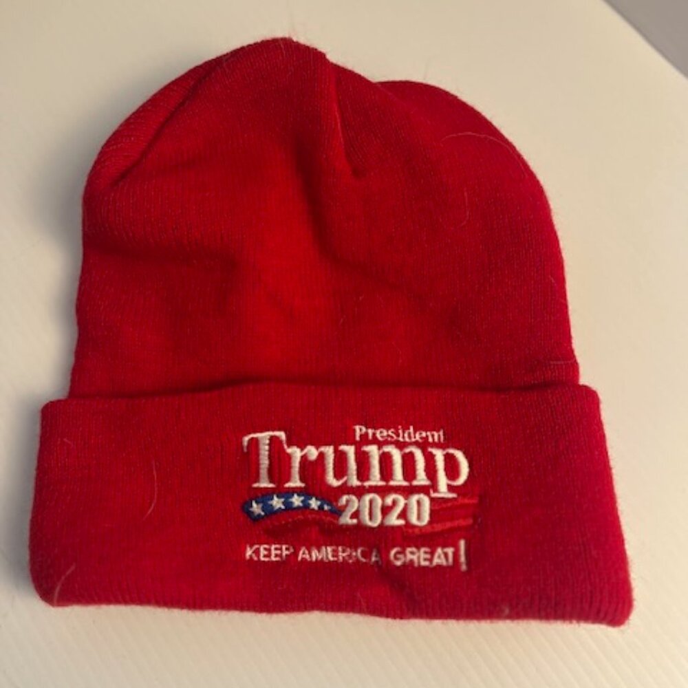 Red beanie with 'President Trump 2020' and 'Keep America Great' embroidery